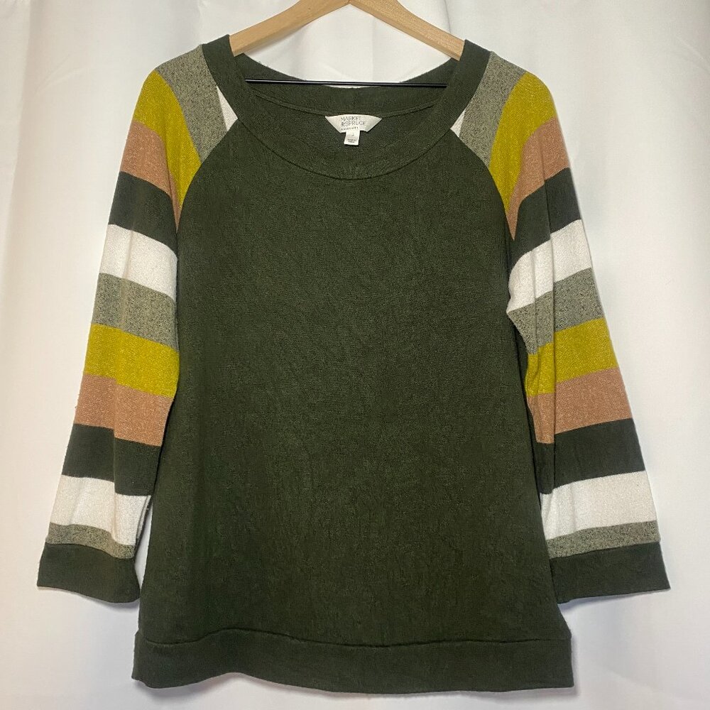 Market & Spruce Maternity Paulsen Brushed Jersey Top Womens L Green Stripes EUC
